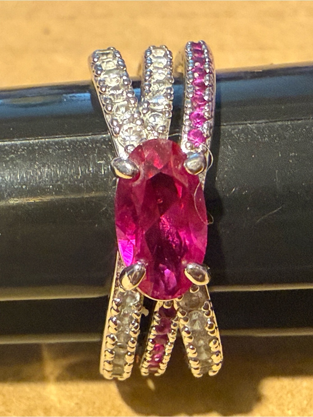 Bomb Party Ruby  Ring with Pavé Accent Bands